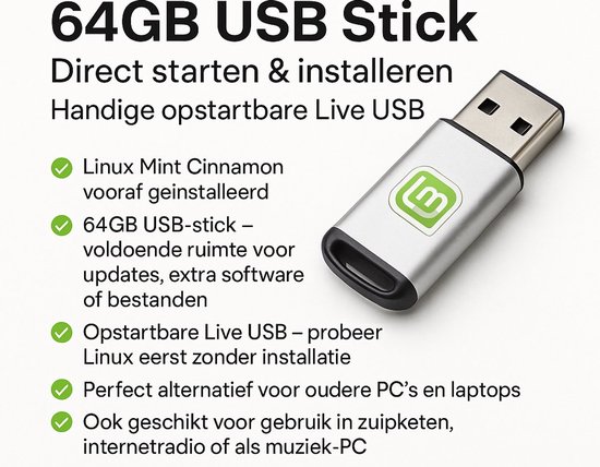 Linux Mint Cinnamon 22.3 | 64GB USB Stick | Direct starten & installeren | Handige opstartbare Live USB