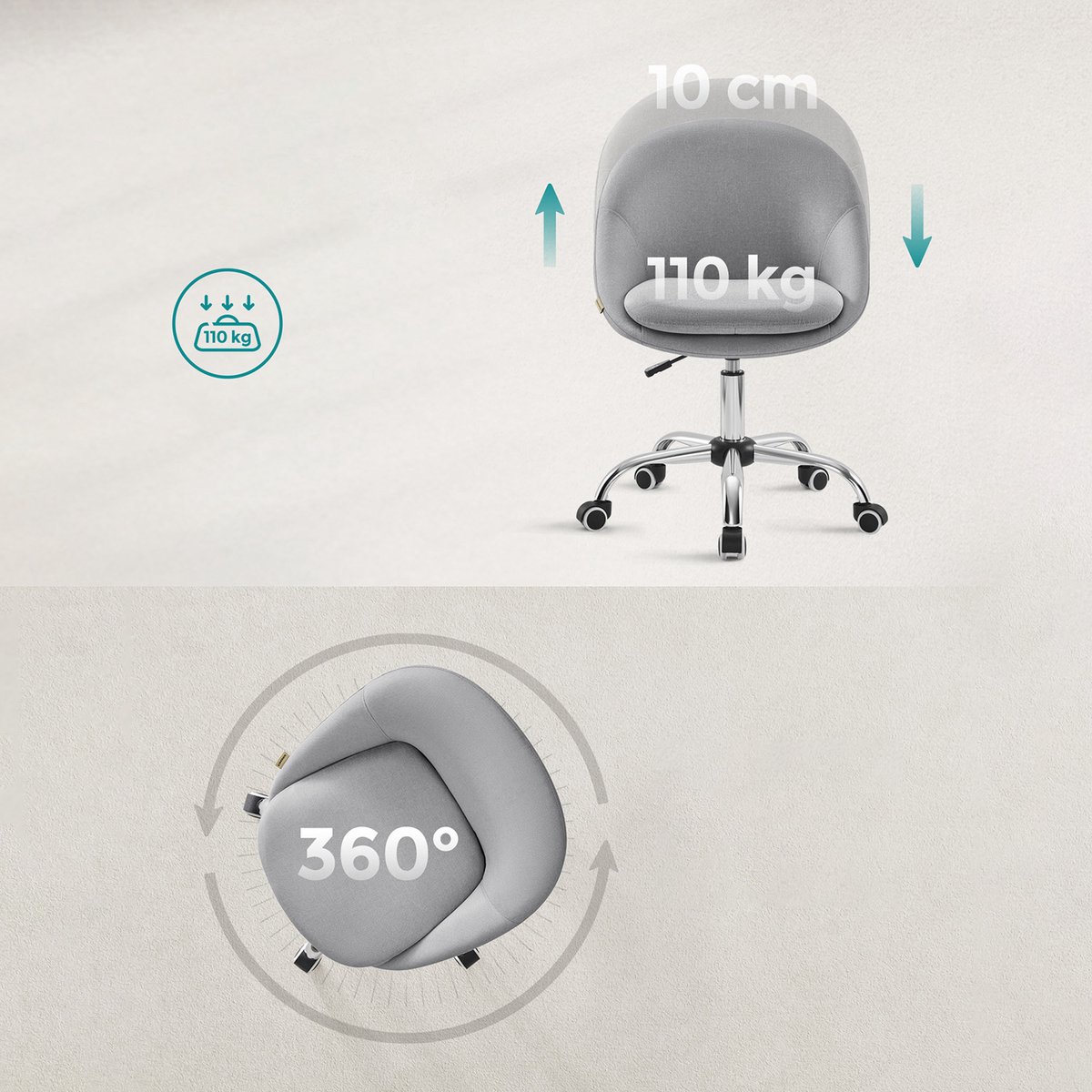 Bureaustoel Verstelbare Hoogte 360° Draaibaar Grijs - afbeelding 2