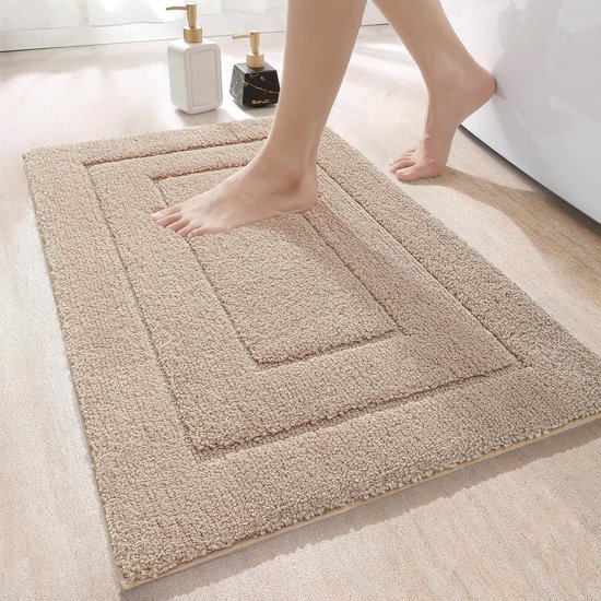 Badmat - 40 x 60 cm (Rechthoekig) - Stof - Zacht - Antislip - Waterabsorberende - Machinewasbaar - Hoogpolig - Gevlochten - Kleur : Beige