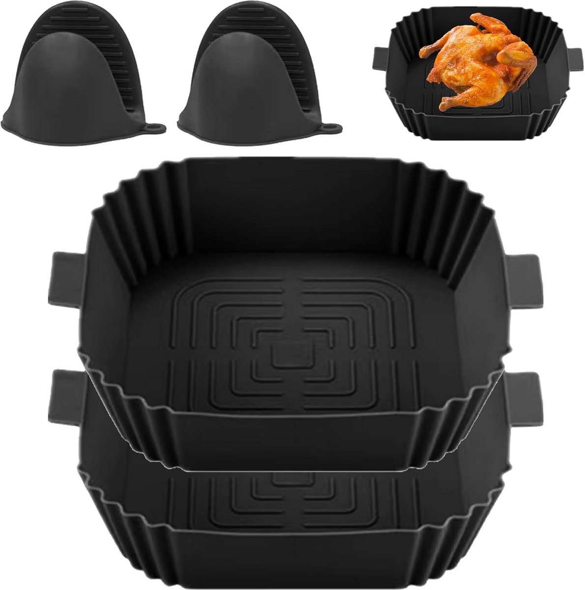 2 Pcs Silicone Mould Air Fryer - 3D Oil Drain Design - Herbruikbare Air Fryer Mand - Bakvorm met Twee Ovenwanten voor Fryer, Oven, Magnetron