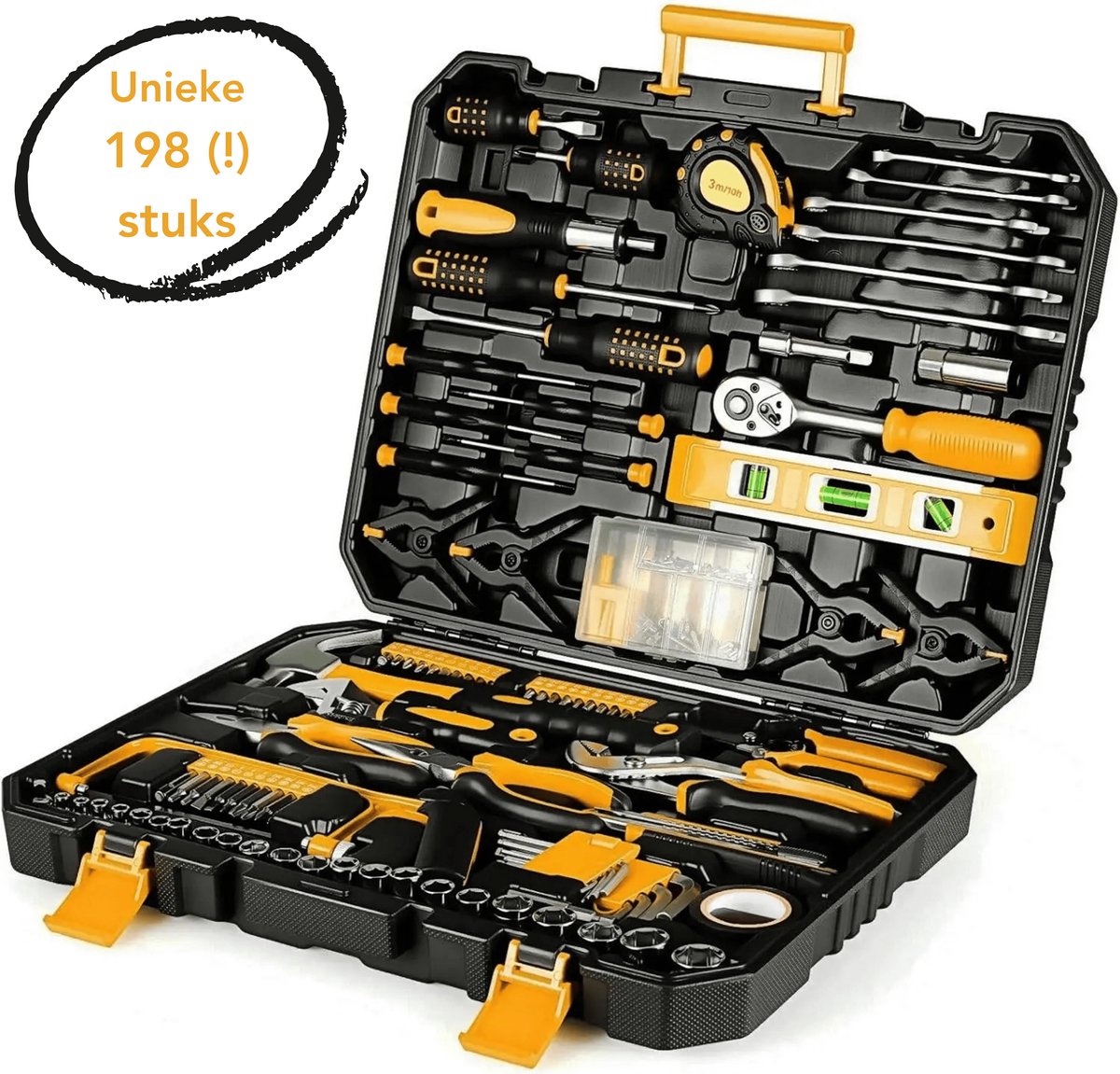 Aiverig® Gereedschapskoffer Gevuld – 198-Delige Gereedschapskist & Gereedschapset – Gele Kist – Met Ratelset, Schroevendraaiers, Tangen & Doppen – Toolbox voor Huis, Auto & Werkplaats – 44×34×8 CM