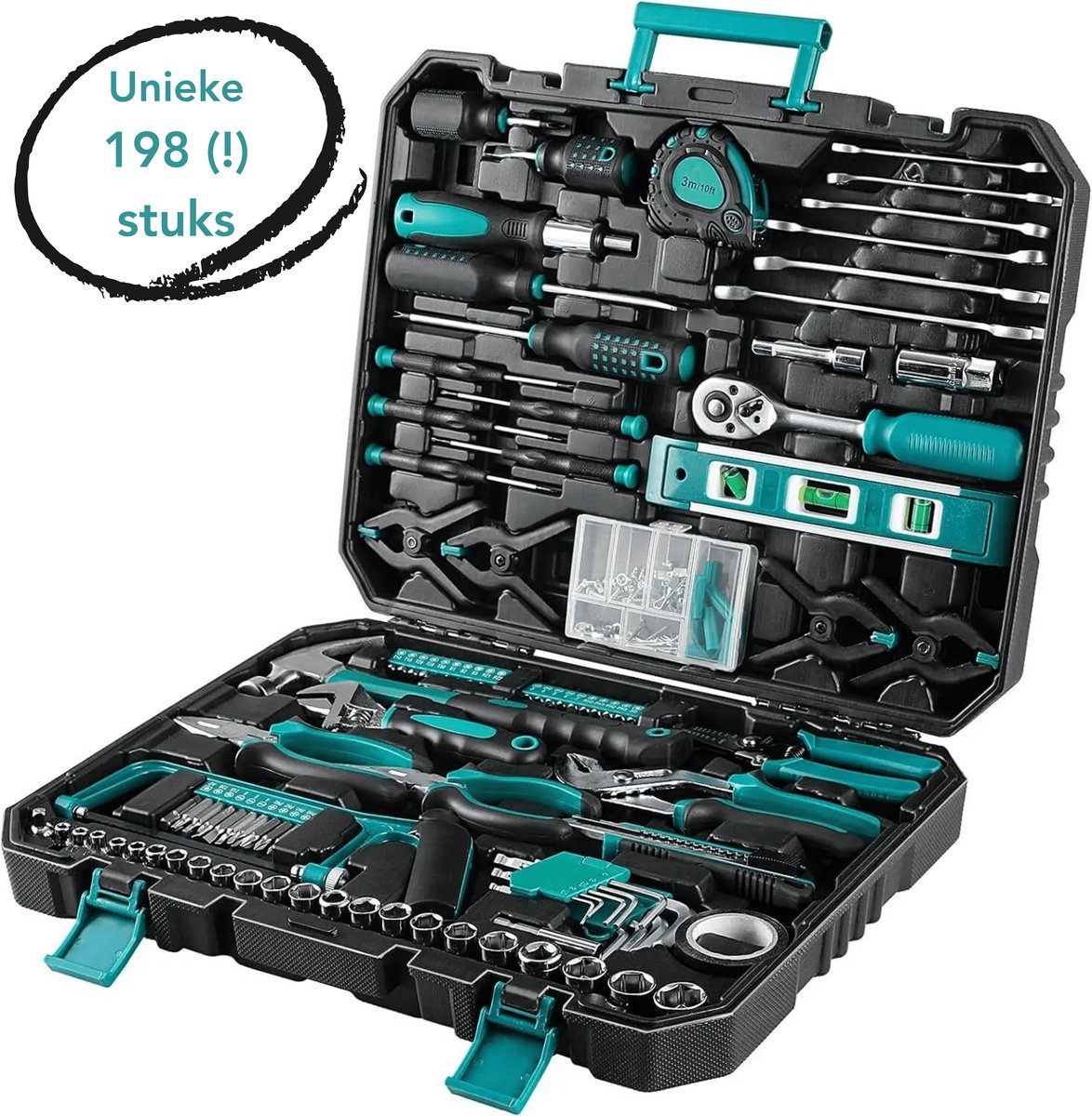 Aiverig® Gereedschapskoffer Gevuld – 198-Delige Gereedschapskist & Gereedschapset – Groene Kist – Met Ratelset, Schroevendraaiers, Tangen & Doppen – Toolbox voor Huis, Auto & Werkplaats – 44×34×8 CM