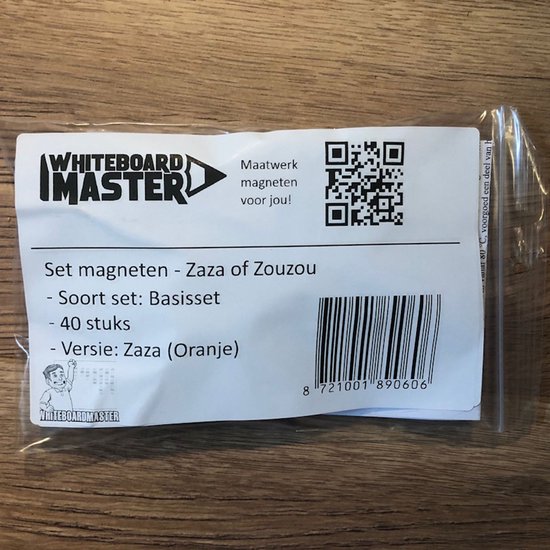 Verpakking met "Whiteboardmaster" logo, "Set magneten - Zaza of ZouZou - Basisset - 40 stuks - Versie: Zaza (Oranje)" en QR-code.