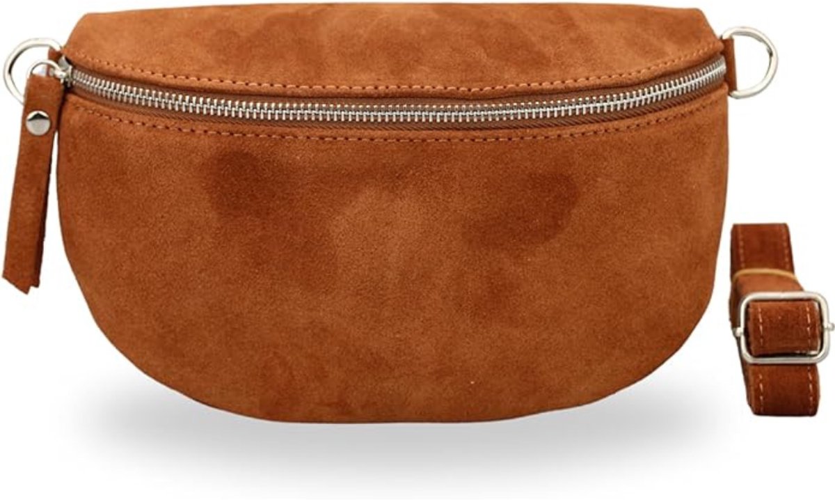 BELCHOME Sahel heuptas voor dames, handgemaakte schoudertas en crossbodytas van suède met leren riem en brede schouderband met patroon, stijlvolle heuptas, gemaakt in Italië, cognacbruin