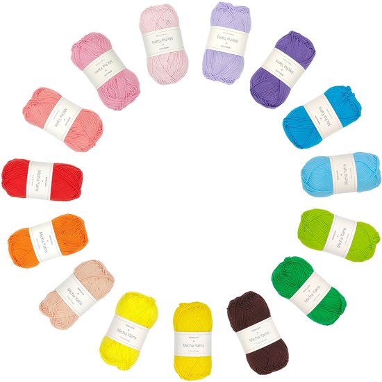 Ball Bundle - Fil au crochet 100% coton - Paquet de 15 boules de coton au crochet - 15 x 50 grammes - Technicolor (001) - Candy à Cotton - Micha Yarns