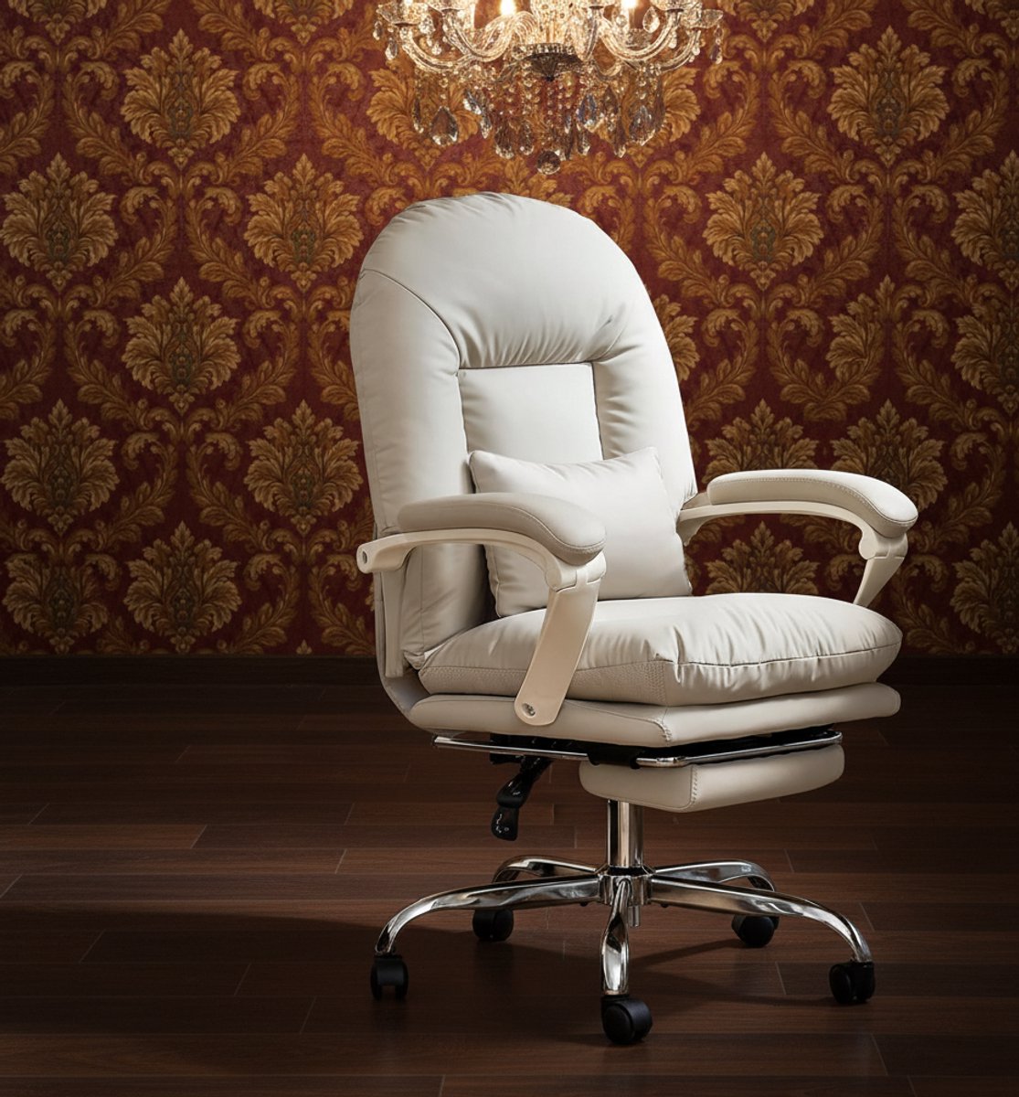 Luxe Ergonomische Bureaustoel met Voetsteun – Verstelbare Comfort Stoel van PU Leer – 155° Kantelbare Rugleuning – Brede Zitting – Moderne Cosmetische & Computerstoel met Wielen – 150 kg Draagkracht – Beige –