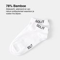 Twee witte SOLIT enkelsokken met 'SOLIT' opdruk in het zwart. De tekst '78% Bamboe' staat links.
