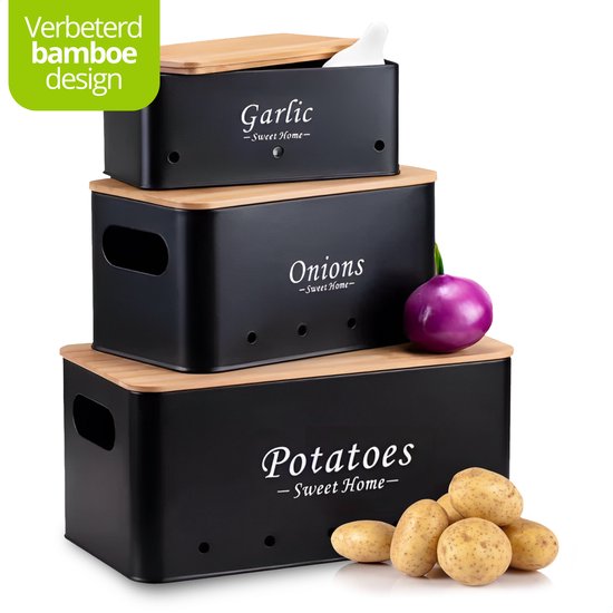 ITMNMNL Aardappeldoos, 3 stuks, aardappelopslag, ui, knoflook, opslag, uien, knoflook, sjalotten met dunschiller, rechthoekige stapelbare voorraadpotten (zwart