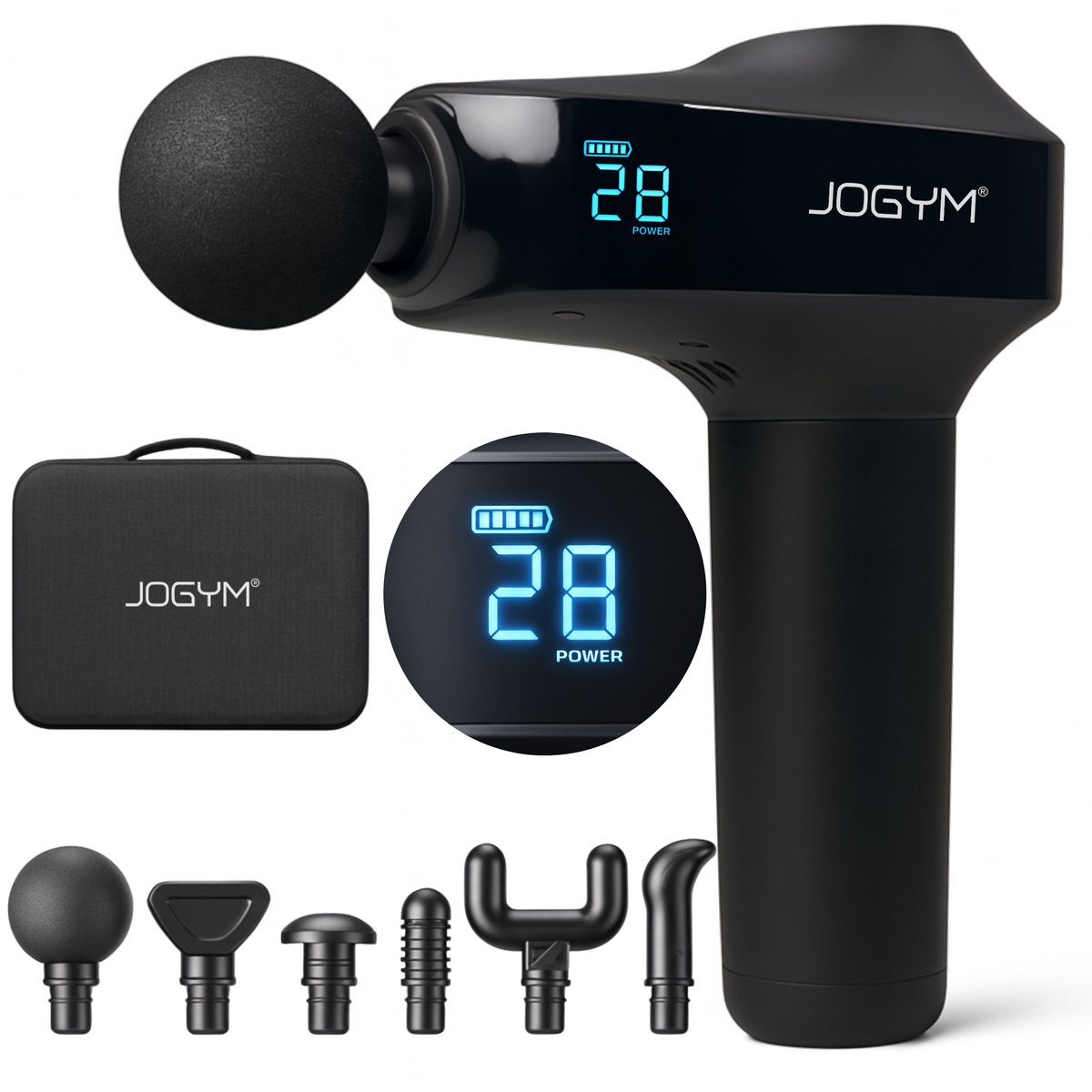 JOGYM® Massage Gun 2025 Model Zwart 6 Opzetstukken - JOGYM® - €34,99