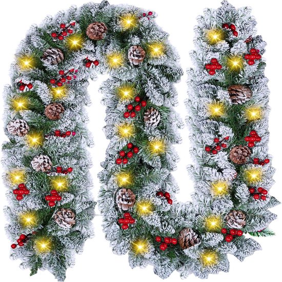 Kerstslinger van 2,7 m met led-verlichting, kunst-rotan kerstkrans om aan de voordeur op te hangen, slingerversiering voor open haarden of trappenhuis, kerstdecoratie (goudkleurig