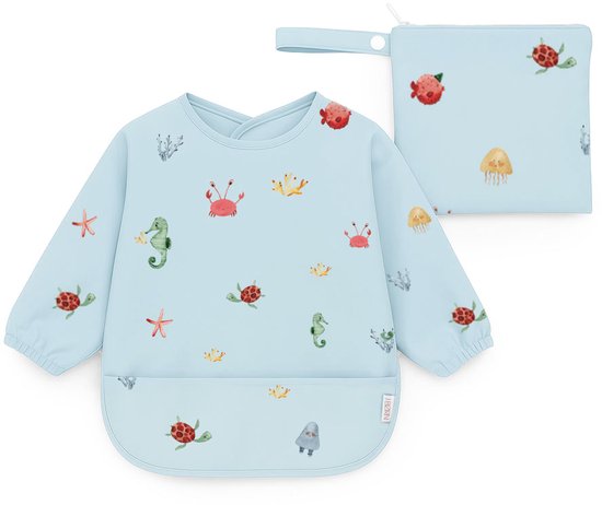 J. Børn Slabbetje Lange Mouwen met Brede Opvangbakpe (6 maanden - 2 jaar) - Peuter Kliederschort - Verfschort - Baby Slabber / Schort - Mouwslab - Mouwslabber (Ocean)