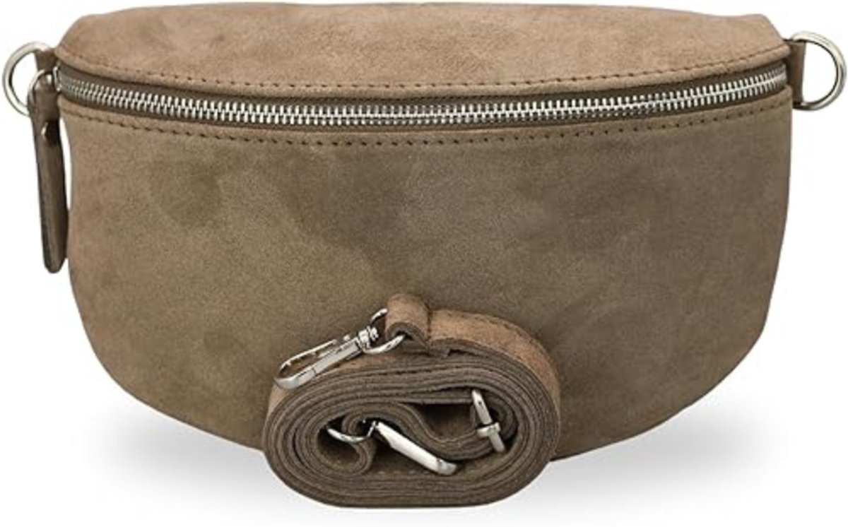 BELCHOME Sahel heuptas voor dames, handgemaakte schoudertas en crossbodytas van suède met leren riem en brede schouderband met patroon, stijlvolle heuptas, gemaakt in Italië, donkertaupe