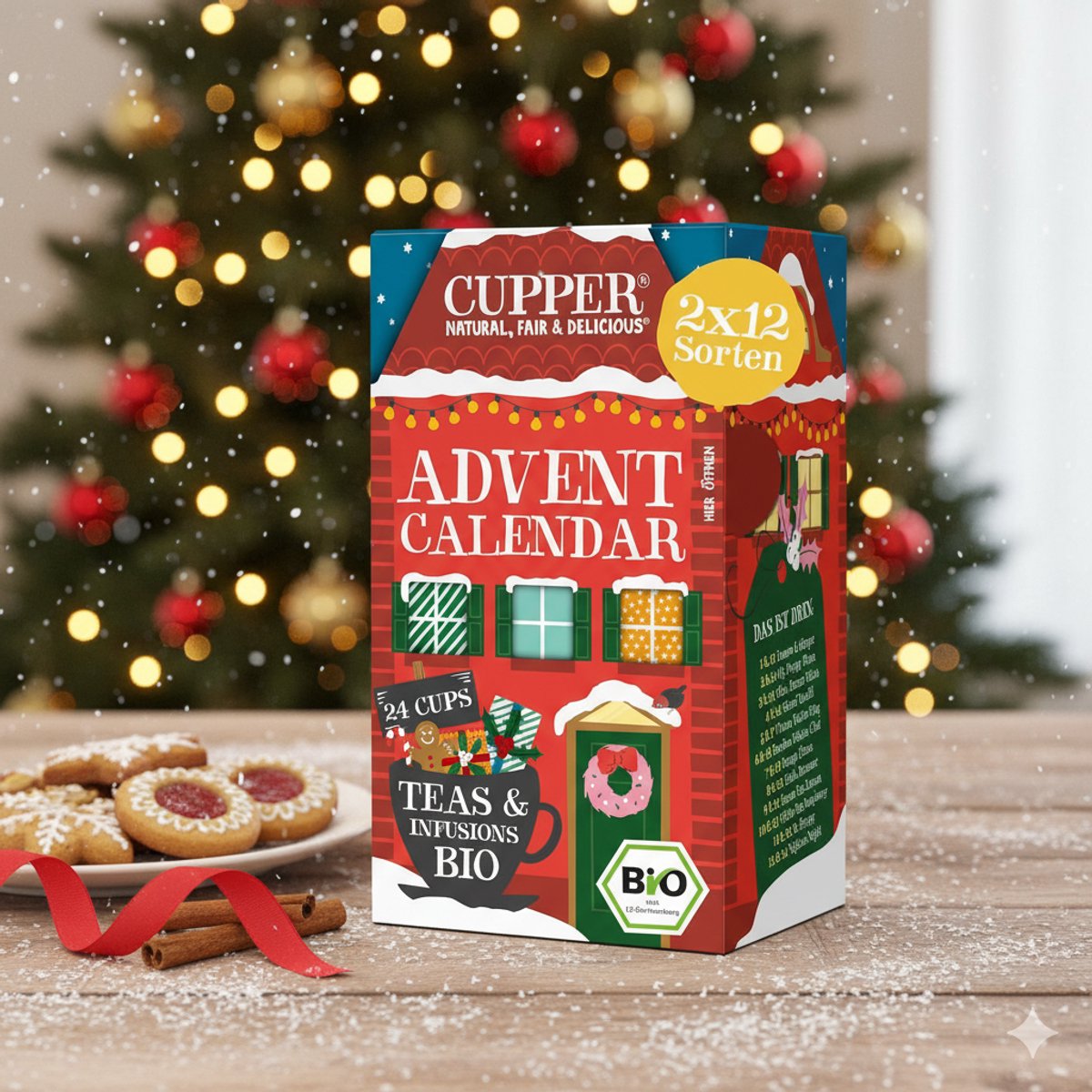 Biologische Thee Adventskalender 2025 – 24 Theezakjes – 2 x 12 Varianten met Twee Exclusieve Smaken – Kerstcadeau Zonder Chocolade – Perfect voor Theeliefhebbers