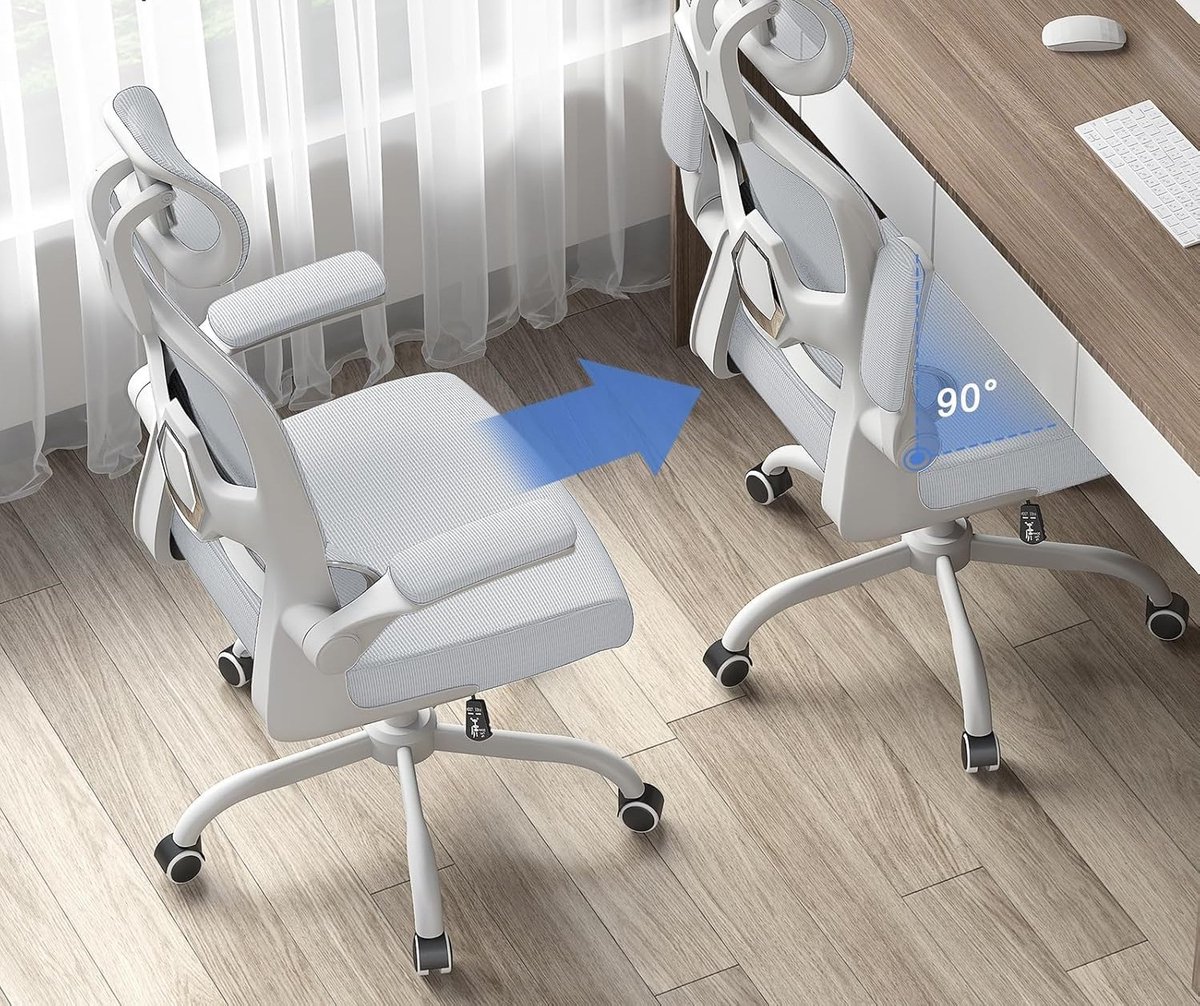Ergonomische Bureaustoel met Verstelbare Hoofdsteun, Dynamische Lendensteun, Opklapbare Armleuningen en Ademend Mesh, Draaibaar Bureaustoel voor Thuis- en Kantoorwerk, Grijs, 54x51x127 cm