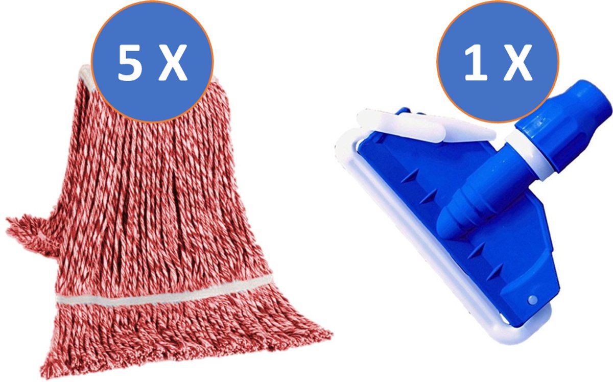 5 x Sopmop Professionele Strengen / Dweil Mop Katoen Rood / Wit Met Band & Geluste Strengen 350 gram & 1 x Mopklem