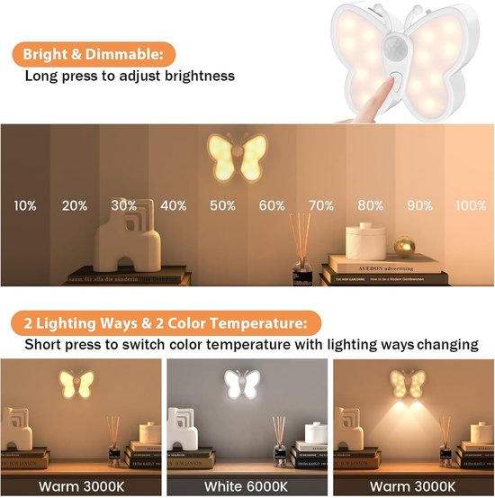 Helder dimbaar vlinder LED-nachtlampje, slimme bewegingssensor nachtlampje met spot en 2 kleurtemperaturen, magnetisch oplaadbaar nachtlampje voor kinderkamer, muur (2 verpakkingen) van One Fire — afbeelding 5