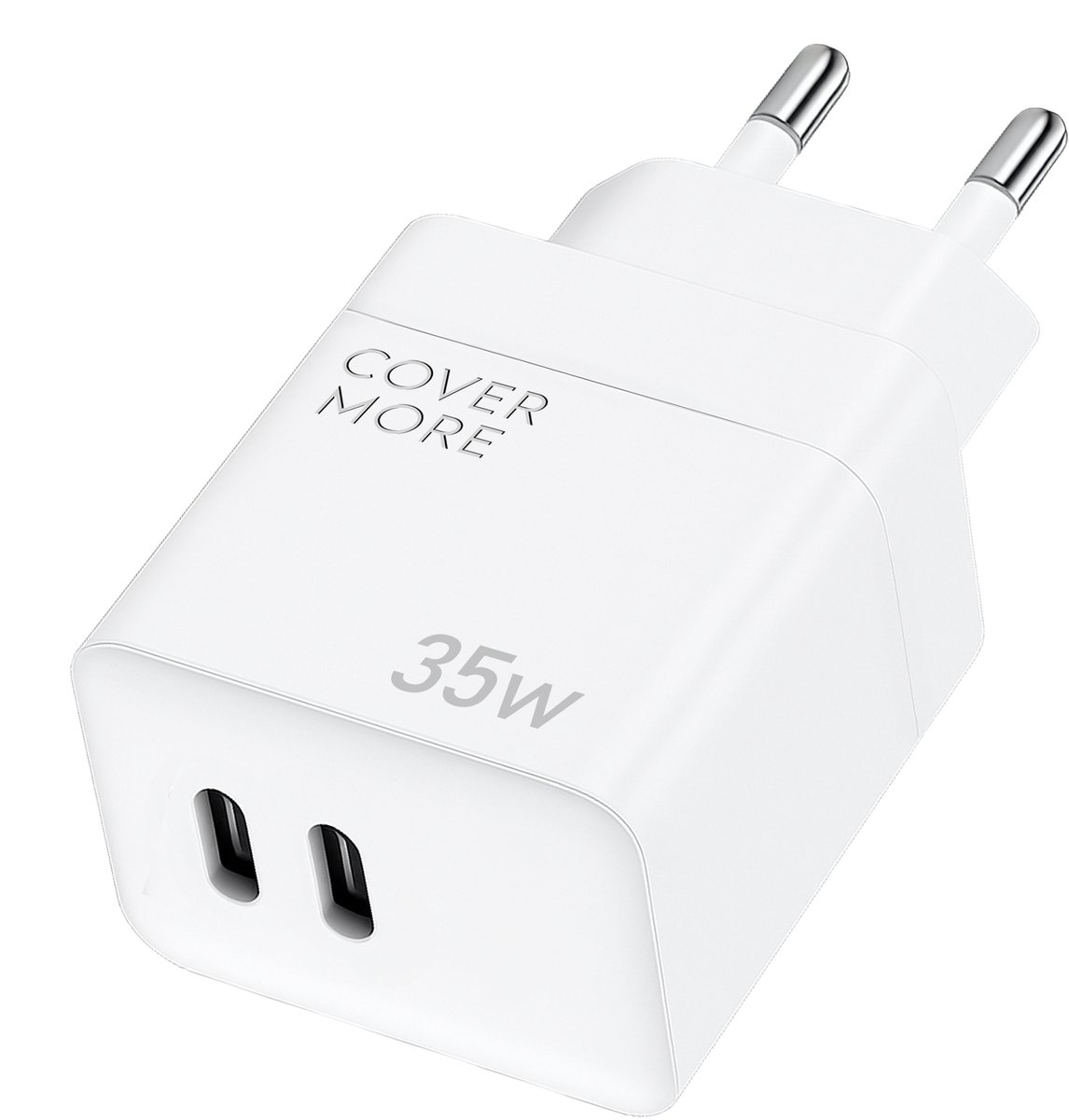 Dubbele usb C adapter met 2 poorten en fast charge - Oplader met 2 usb C - Snellader - Slimme verdeling - Gan - Voor smartphone, tablet, laptop en accessoires - Compact - Wit