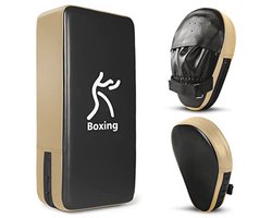 Odoland Bokshandschoenen en kickpack-set, bokshandschoenen Focus Pads, Taewondo Kick Pad, geweldig voor boksen, kickboksen, karate, muay thai, bokstraining, rood goud blauw