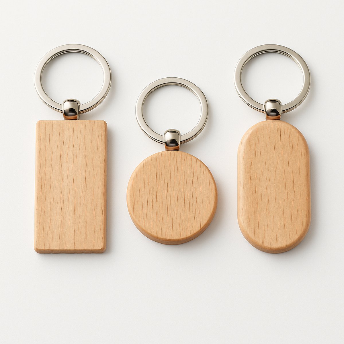 AliRose Houten Sleutelhanger Set (3 Stuks) – Beukenhout – Rond, Rechthoekig & Ovaal | Personalisatie, Graveren, Bedrukking, Cadeau & Relatiegeschenken