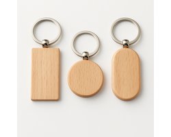 AliRose Houten Sleutelhanger Set (3 Stuks) – Beukenhout – Rond, Rechthoekig & Ovaal | Personalisatie, Graveren, Bedrukking, Cadeau & Relatiegeschenken