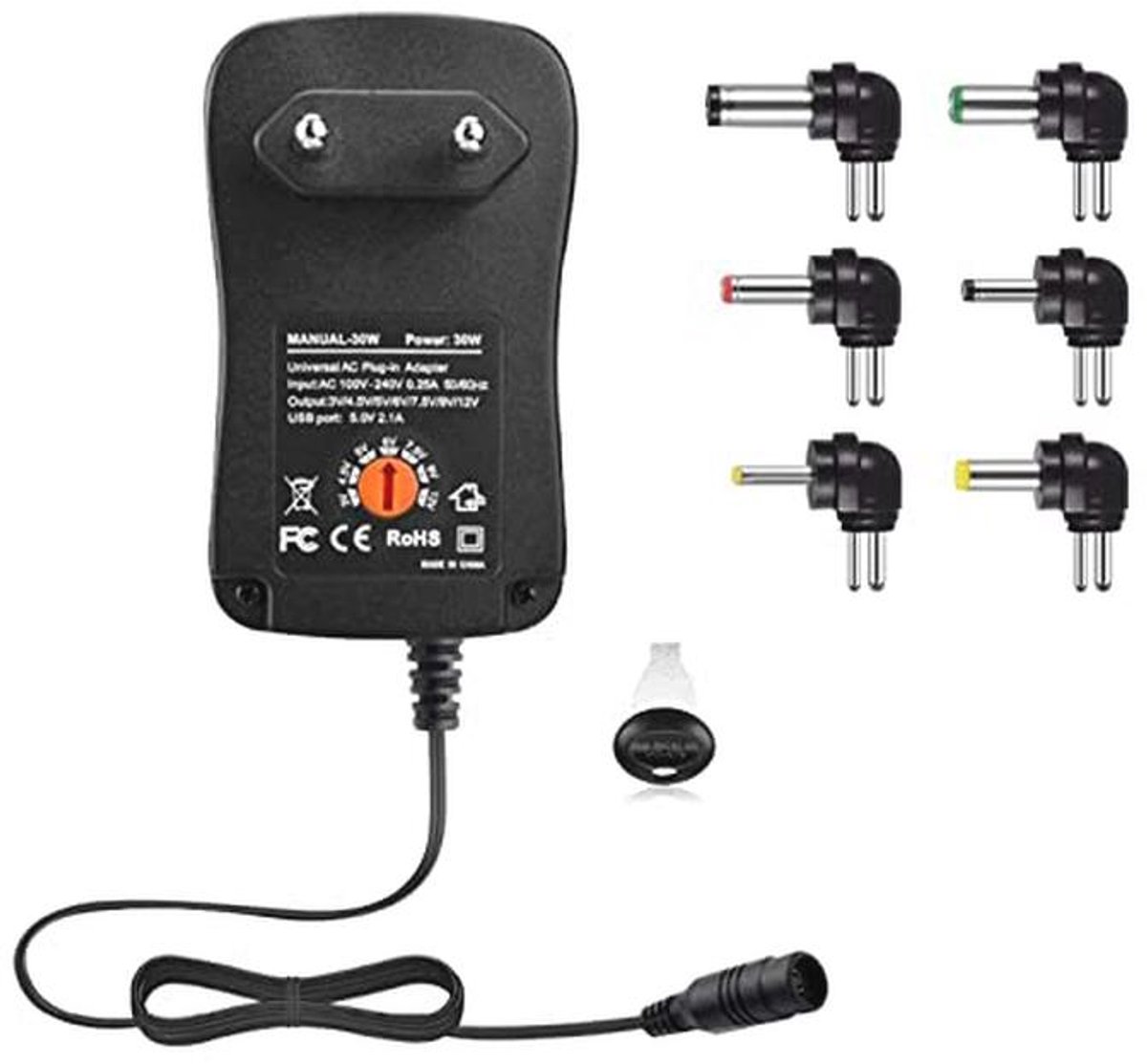 Universele oplader met 6 adaptertips voor diverse apparaten - 30W 3V tot 12V - 2000mAh
