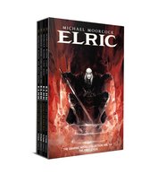 Coffret de la collection de romans graphiques Elric de Michael Moorcock Vol. 1-4, 'The First Cycle', avec Elric sur un trône tenant une épée.
