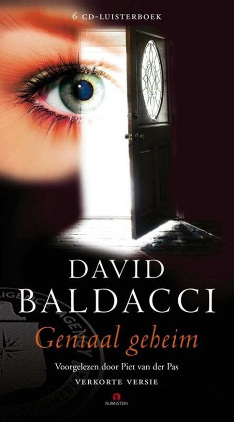 6 CD-Luisterboek 'Geniaal Geheim' van David Baldacci, voorgelezen door Piet van der Pas. De cover toont een oog dat in een open deur kijkt.
