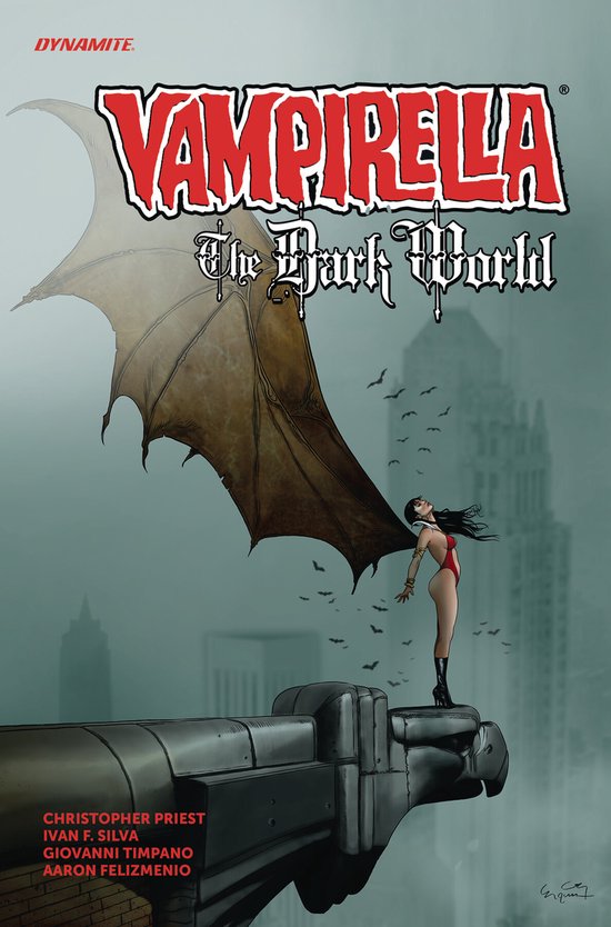 Vampirella en maillot de bain rouge avec des ailes de chauve-souris au sommet d'un bâtiment au crépuscule, avec le texte 'Vampirella The Dark World'.