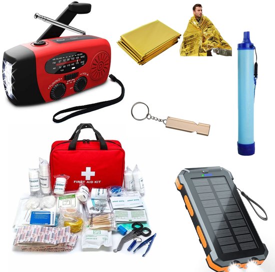 Stemap Basic Noodpakket voor Thuis - Noodradio 2.000mAh Opwindbaar - 10.000mAh Solar Powerbank - Nooddeken - Noodfluitje - Waterfilter voor 2.000 Liter - Ramp pakket