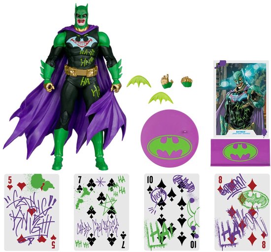 Jokerized Batman actiefiguur met accessoires, inclusief bat-symbolen en kaarten.