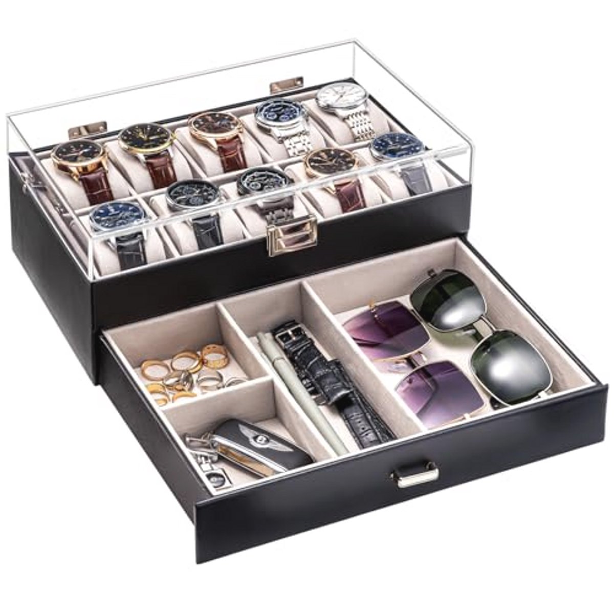 Heren Horloge Box met 10 Compartimenten en Lade - Horloge Opbergdoos met Deksel - Zwart