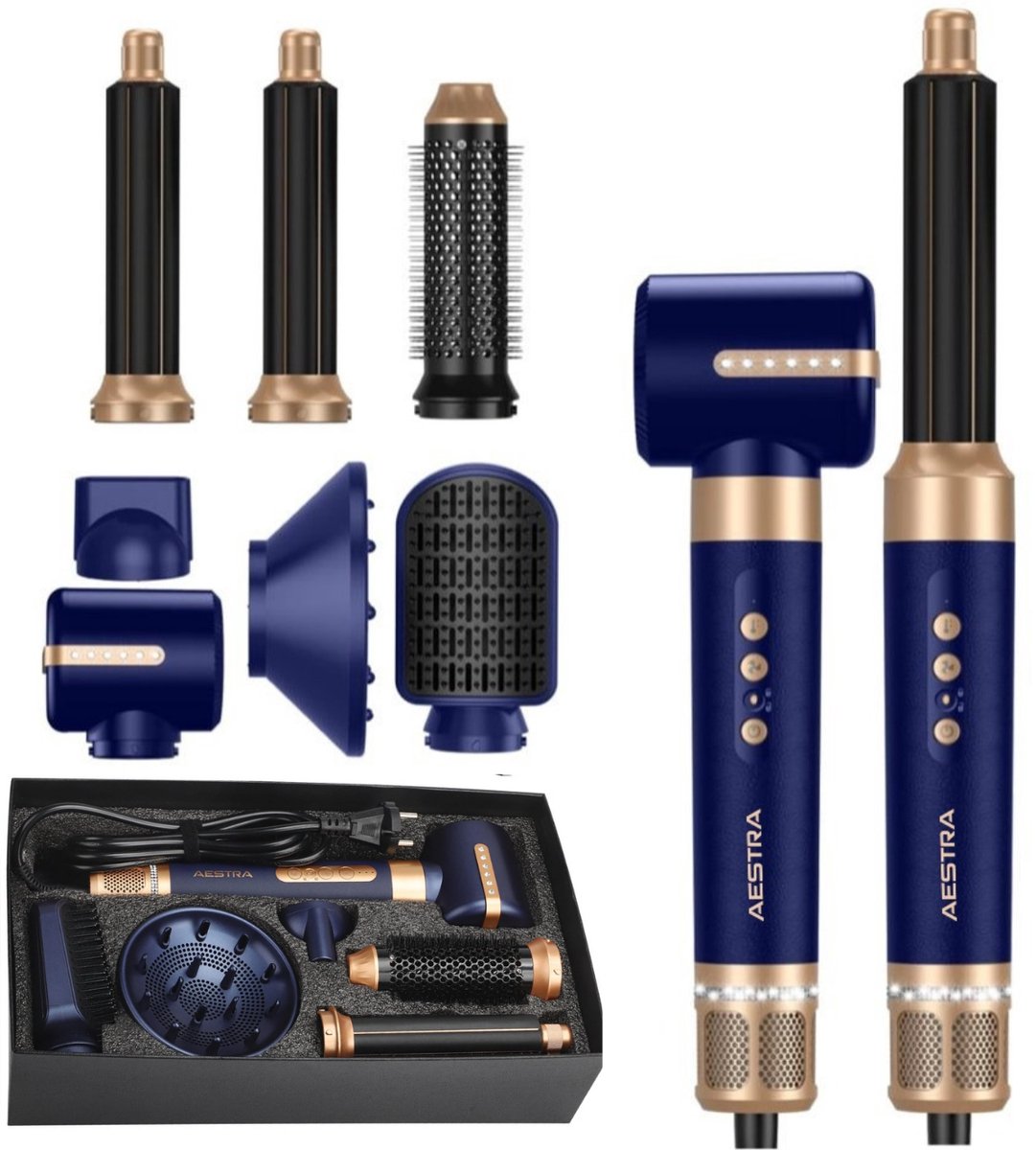 7 in 1 Hairwrap - 1400W - Aestra - Föhnborstel - Föhn met Diffuser - 110.000RPM - Krultang - Krulborstel - Airstyler - Navy