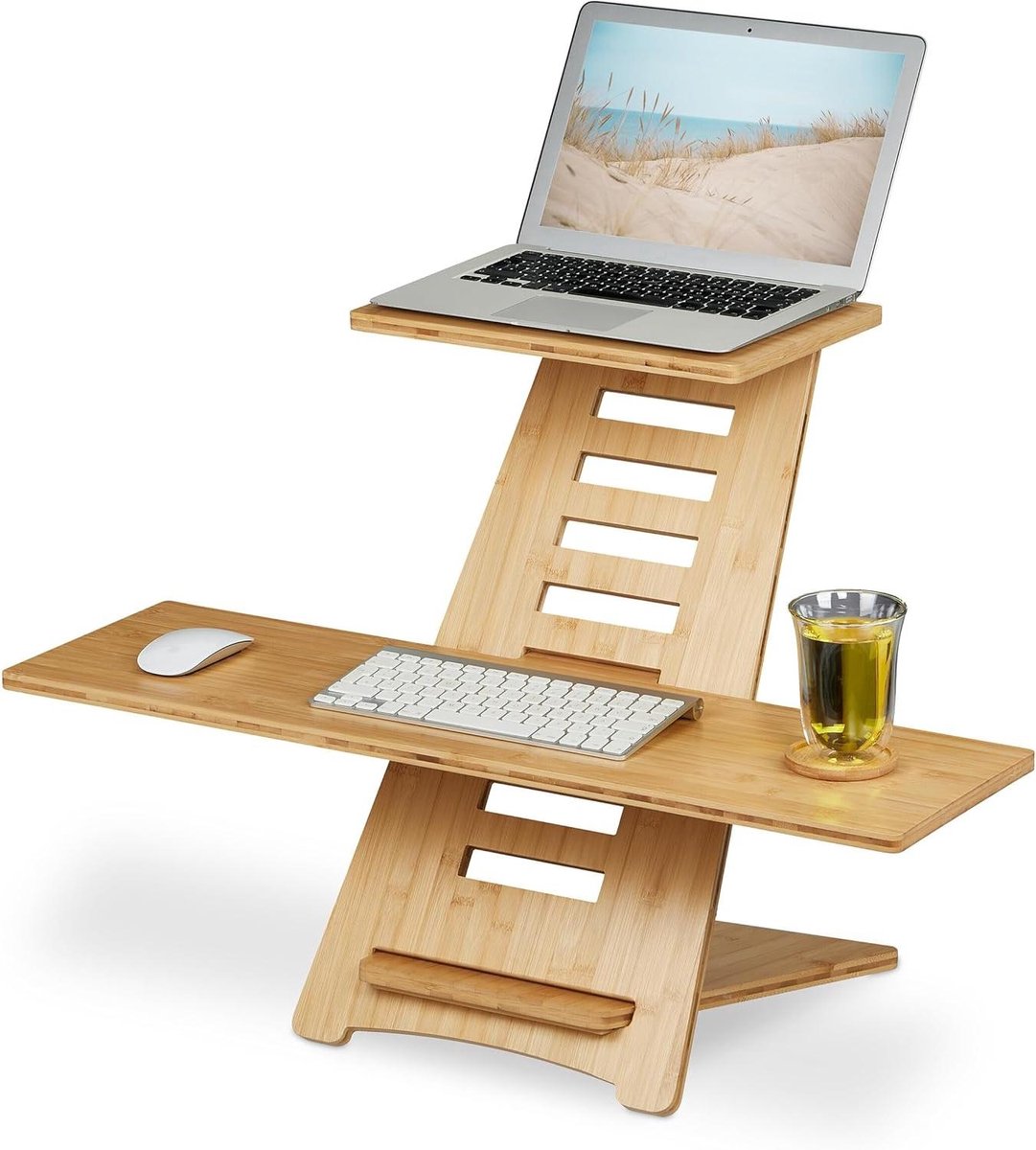 Provento - Bamboe bureau verhoger met 2 planken - in hoogte verstelbaar - zit-sta-verhoger - laptop - werkplek - naturel