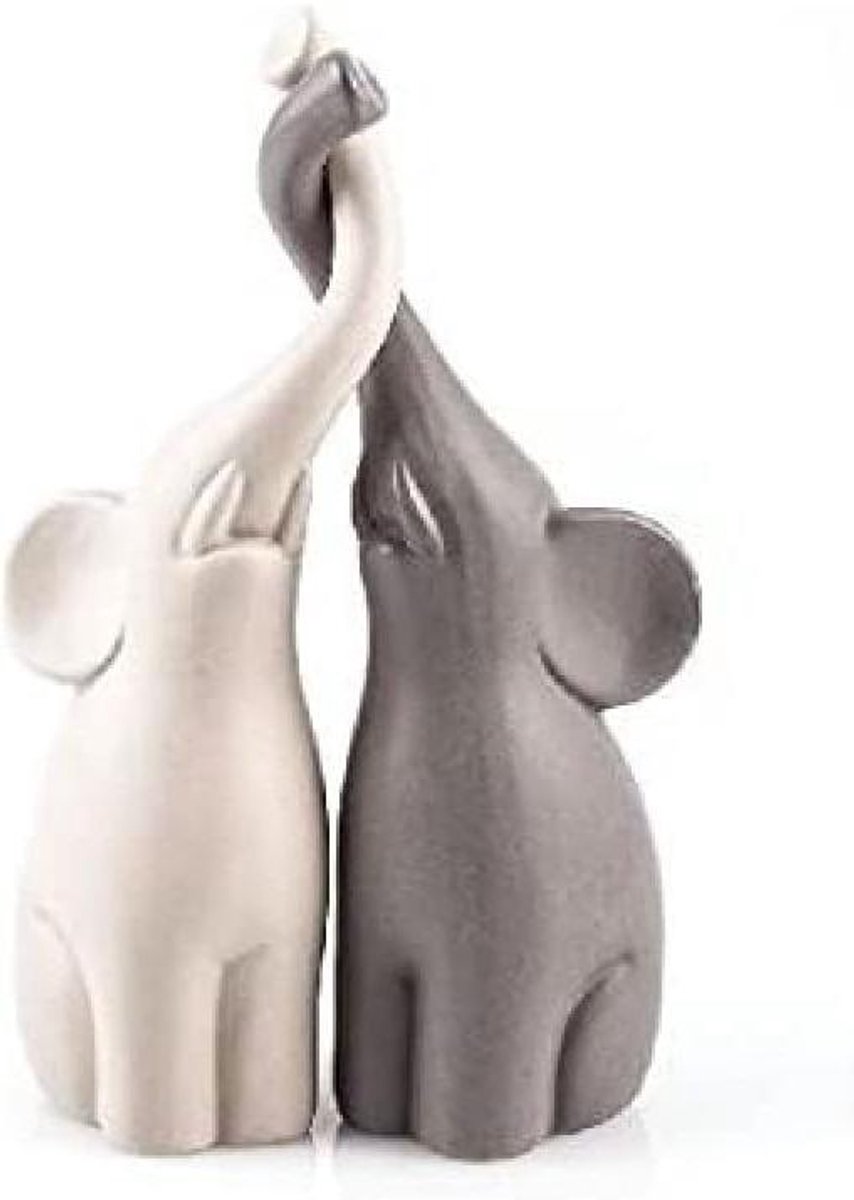 Provento - Keramieken olifanten set van 2, hoogte 25,5 cm, beige en grijs, dierenfiguur, decoratie, tafeldecoratie voor keuken en woonkamer.