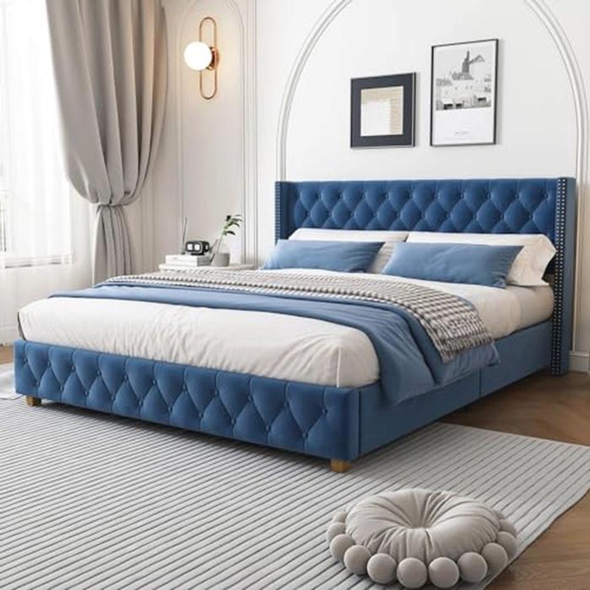Tweepersoonsbed 160 x 200 cm met lattenbodem en gevoerd hoofdeinde in fluweelstof