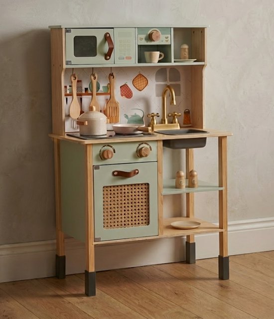Joylux® Houten Kinderkeuken Deluxe - Speelkeuken met Rotan-look & Gouden Details - Mintgroen Pastel Kleur - Inclusief 7-delige Accessoireset