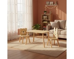 Joylux® Houten Kindertafel met Stoeltje - Beer en Konijn Design - Speelset - 1 Tafel en 2 Stoelen - Voor Peuters & Kleuters