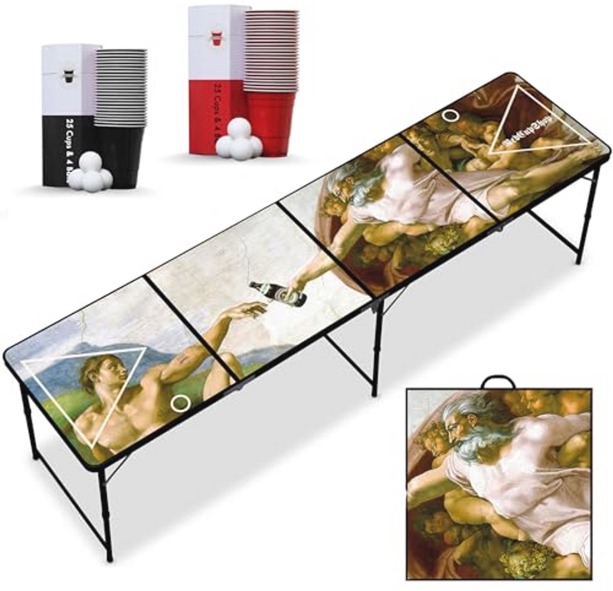 Bier Pong Tafel - Inclusief 50 Bekers en 8 Ballen - Draagbaar en Inklapbaar met Waterafstotend & Krasbestendig Oppervlak - Toernooigrootte 240x60x70 cm