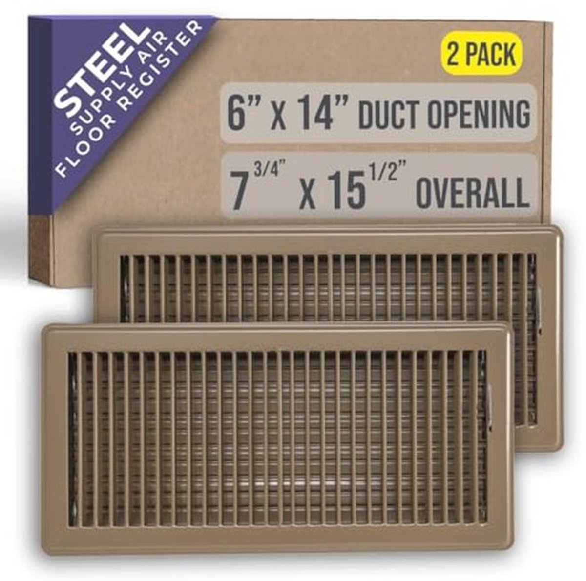 2-Pack 6" x 14" Vloerregister met Lamelontwerp - Heavy Duty Ontwerp met Demper - Vloerventilatierooster met Verstelbare Luchttoevoer - Bruin