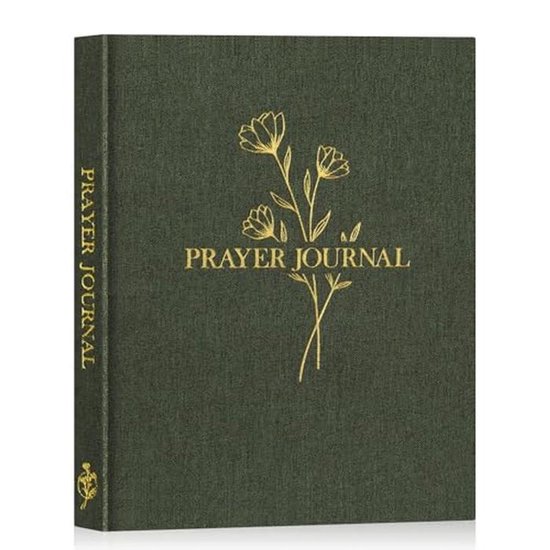 Een donkergroen gebedsdagboek met een gouden bloemenmotief en de tekst 'PRAYER JOURNAL' op de voorkant en zijkant.