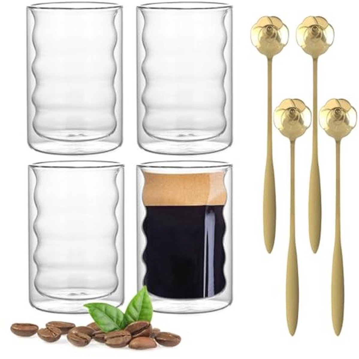 Set van 4 dubbelwandige latte macchiato glazen van 350 ml met rozenlepels