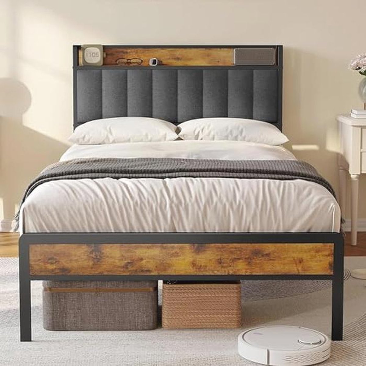 Gestoffeerd Tweepersoonsbed met Houten en Metalen Bedbodem - 120 x 200 cm, Donkergrijs