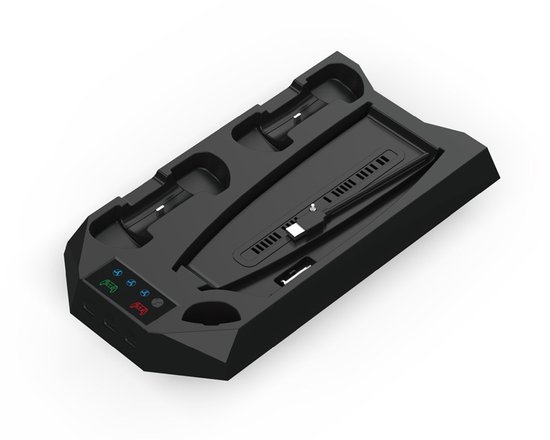 Station de charge noire pour manettes PlayStation 5 avec ventilation et indicateurs LED.