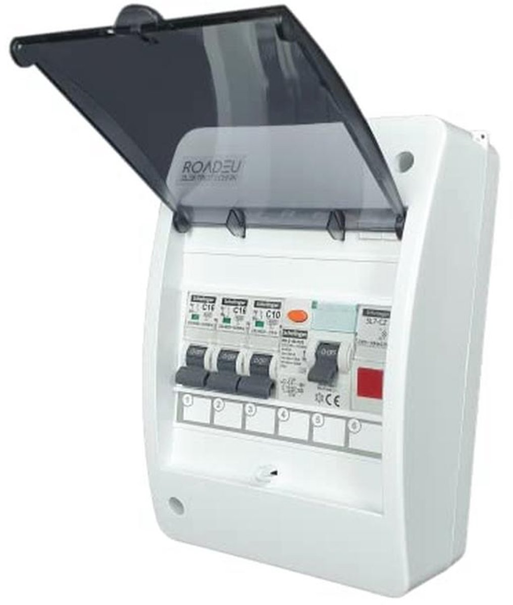 Schakelbord met lichtdetector en signaallamp LED - Stroomverdeler met aardlekschakelaar en stroomonderbrekers 40A, 16A, 10A voor werkplaatsen en garages