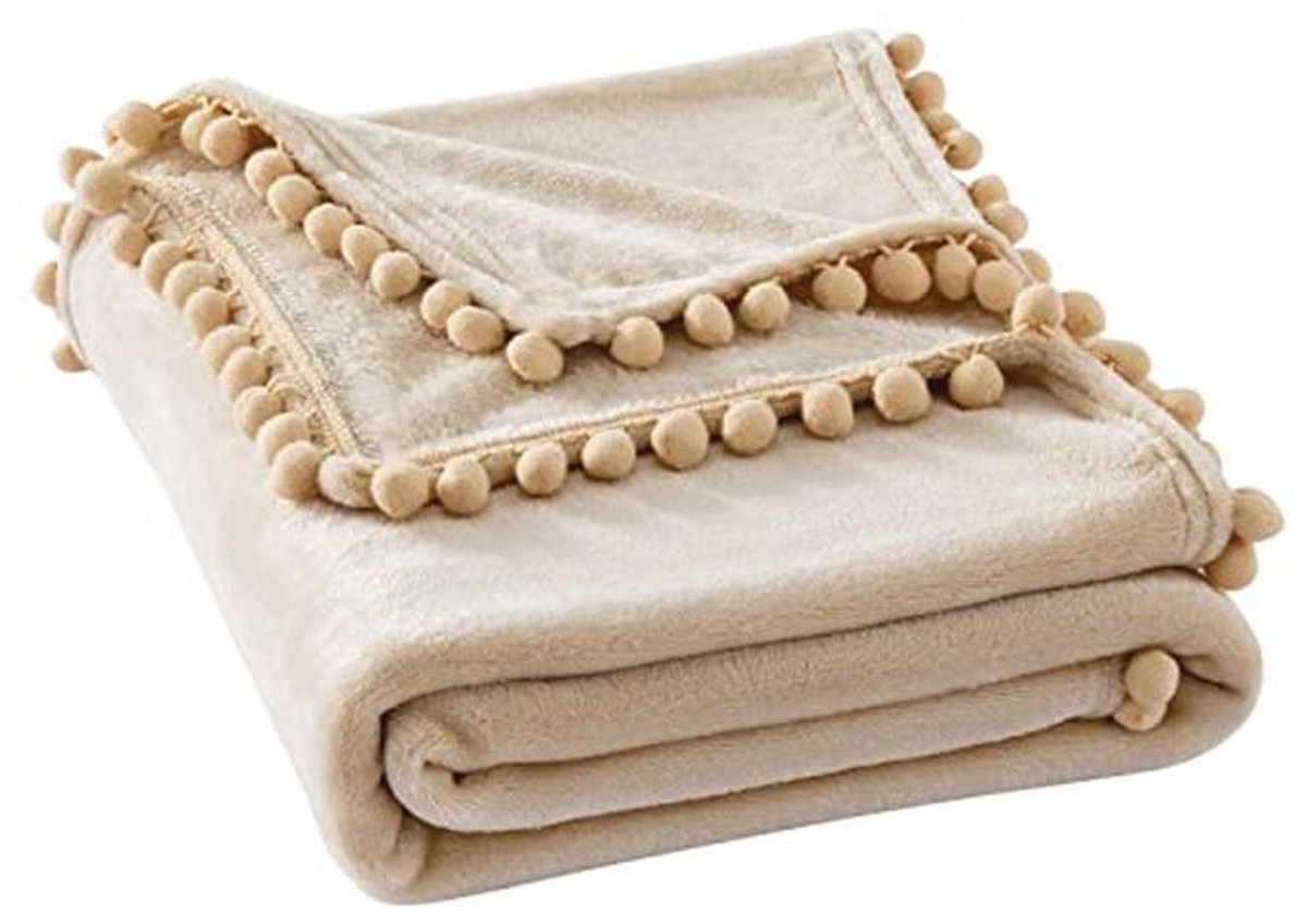 Zachte Flanellen Deken met Pompons - Luxe Microvezel Plaid voor Kinderen - Decoratieve Deken voor Bank en Slaapkamer 220x240