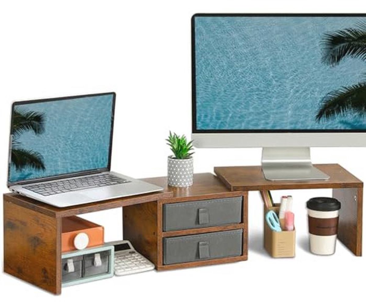 Dubbele Monitorstandaard met 2 Laden - Verstelbare Hoogte en Hoek voor Monitoren en Laptops