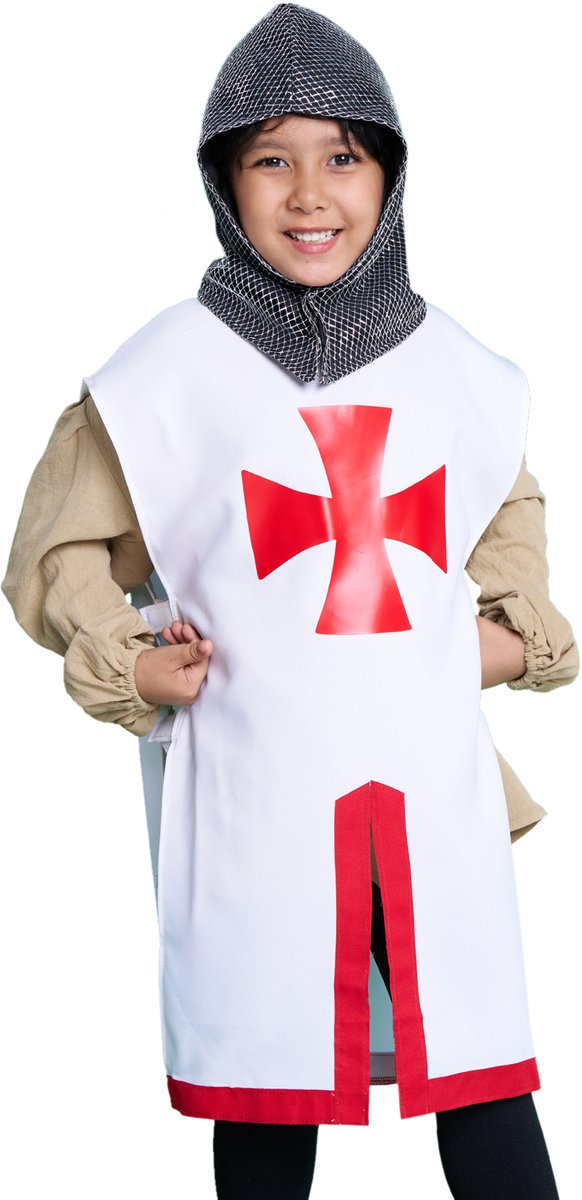 Zebra and friends Tempelier kostuum kind - Maat 140 - 8-10 jaar-wit/rood - ridder tuniek met kap-kruisridder-ridderspeelgoed-ridderpak voor carnaval en themafeesten