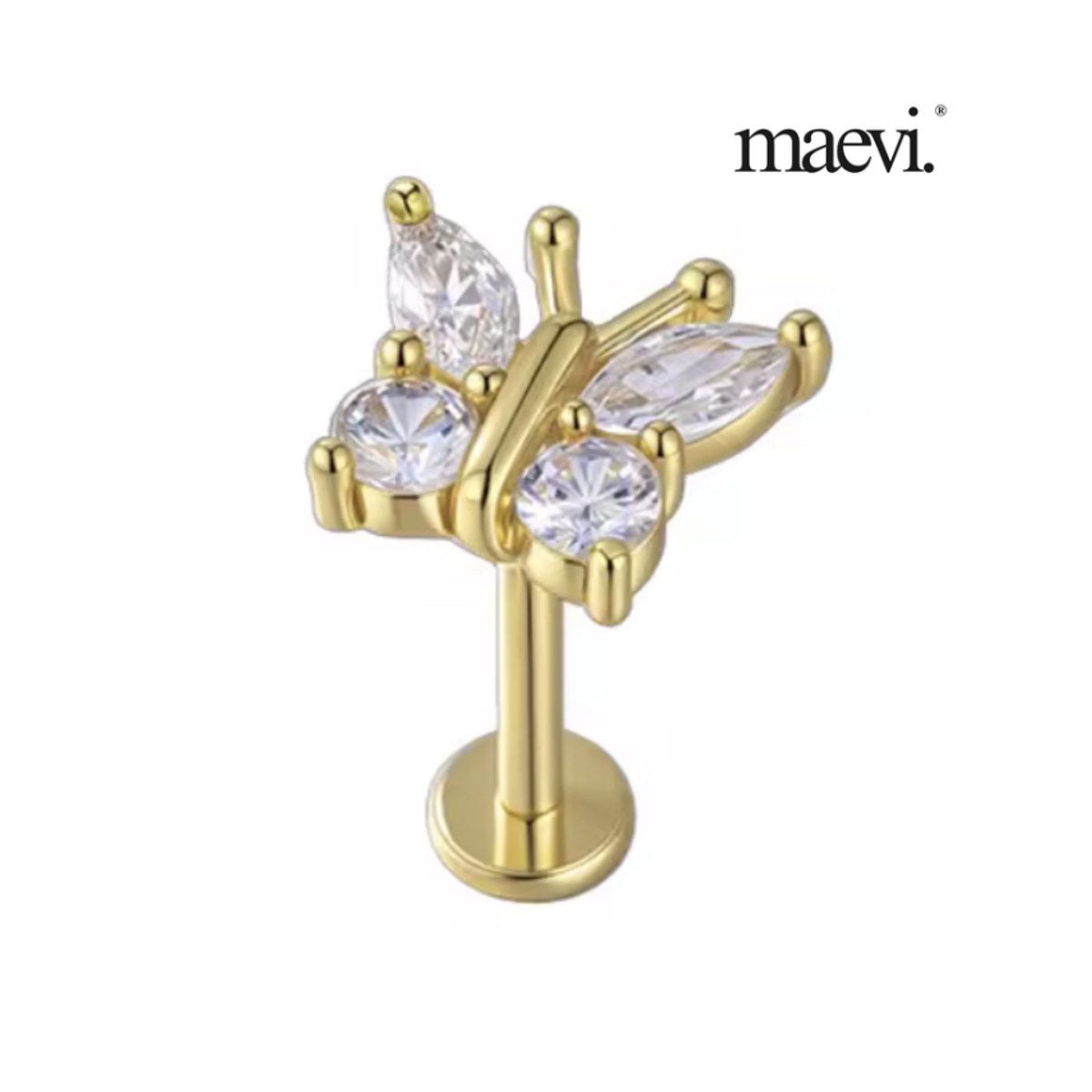 Maevi® Piercing voor Oor - Kleur: Goud - Vlinder / Butterfly - Formaat: 12 x 6 MM - Titanium - Tragus / Kraakbeen / Helix / Conch - Oorpiercing - Piercing Sieraad - Hoge Kwaliteit - Labret Piercing - Luxe Sieraad - Oorbellen