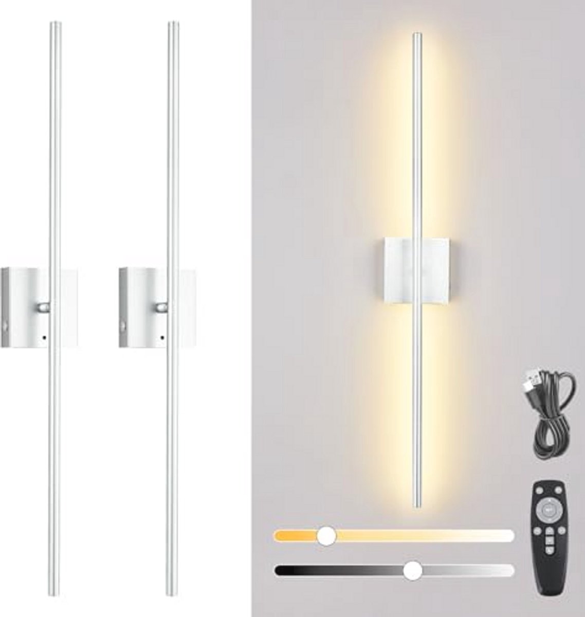 Oplaadbare Wandlamp met Afstandsbediening, Dimbare LED Muurlamp met Timer en 360° Rotatie - 2 Pack