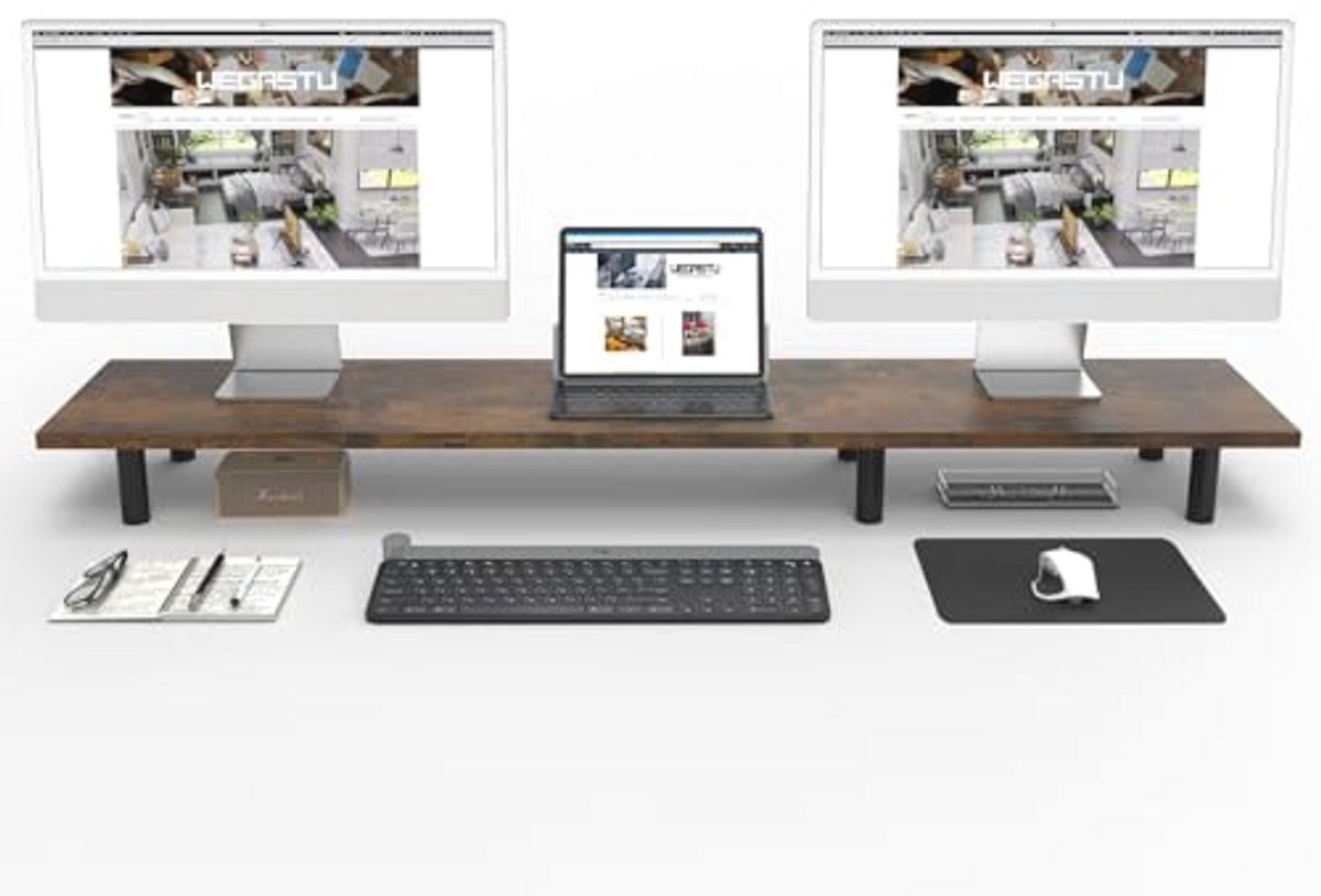 Grote Dubbele Monitorstandaard 43,3 Inch - Vintage Bureauaccessoires met Verstelbare Poten voor Computer, Laptop en Printer